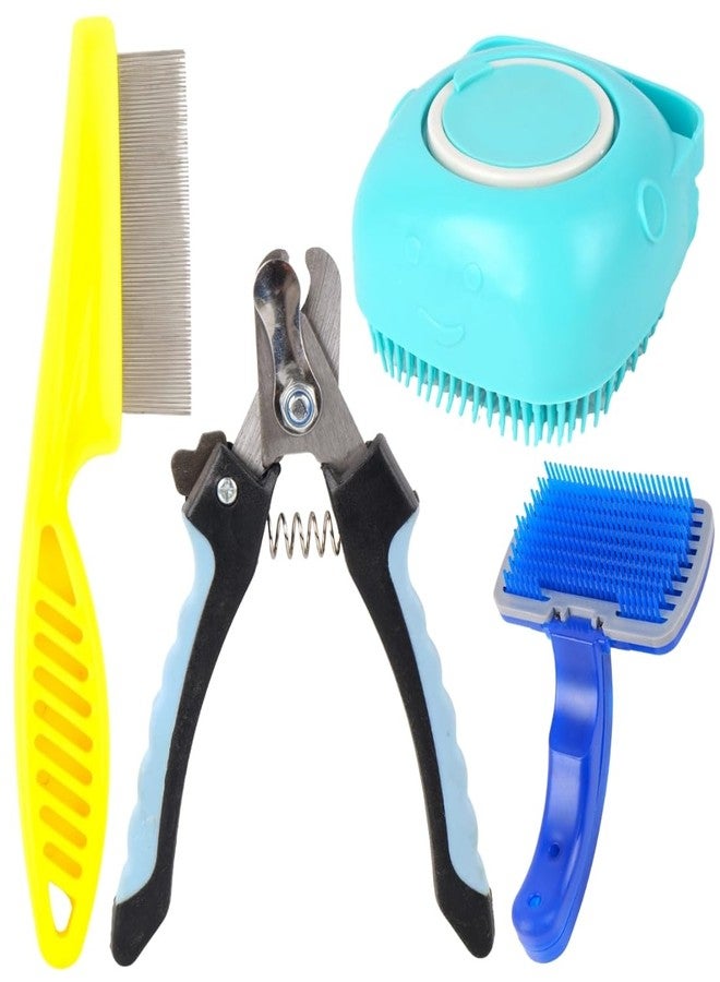 REGIIS Pet Grooming Kit with Nail Clippers, Metal Flea Comb, Self-Cleaning Brush, Blue Slicker Brush for Dogs, 4 Piece Set - Image 1
